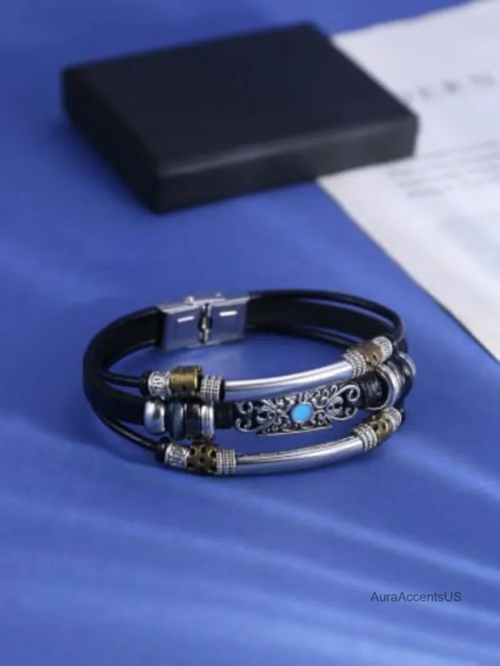 Western Turquoise Multi-Layer Leather Cuff Bracelet for Women Men